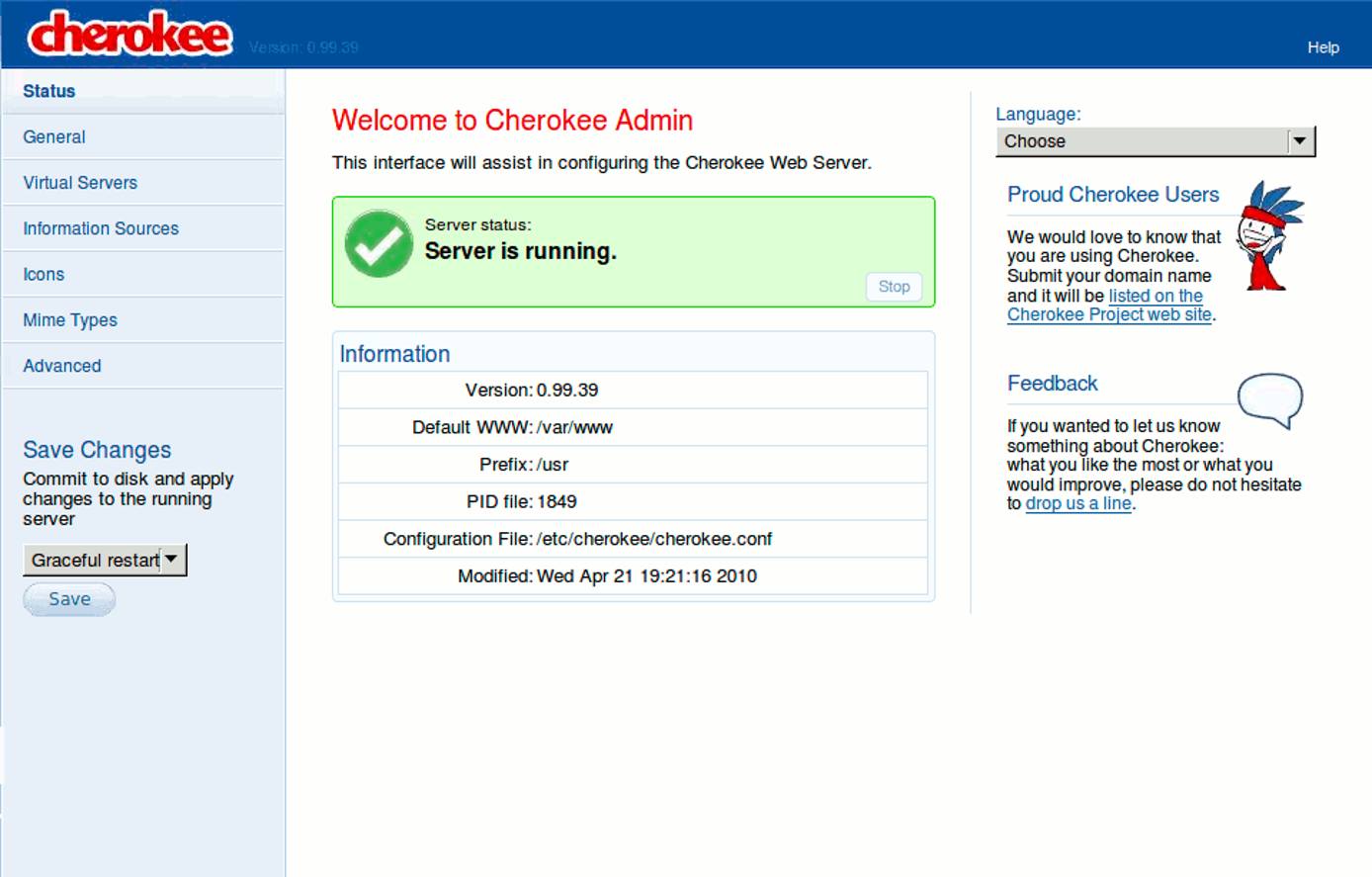 The cherokee-admin web server administration interface running on an Ubuntu Linux 10.04 LTS (Lucid) Linode.